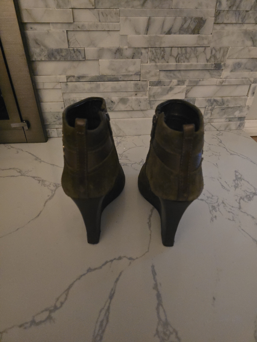 Tory Burch Olive Suede Wedge Booties with Gold Logo - Picture 4 of 6